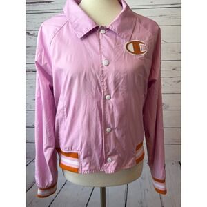 Champion Satin Baseball Jacket Size Small Womens Bomber Pink‎ Retro Vintage Snap